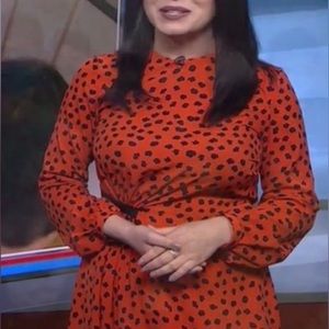 Hunter Bell size 6 orange & black printed midi dress w faux leather waist detail